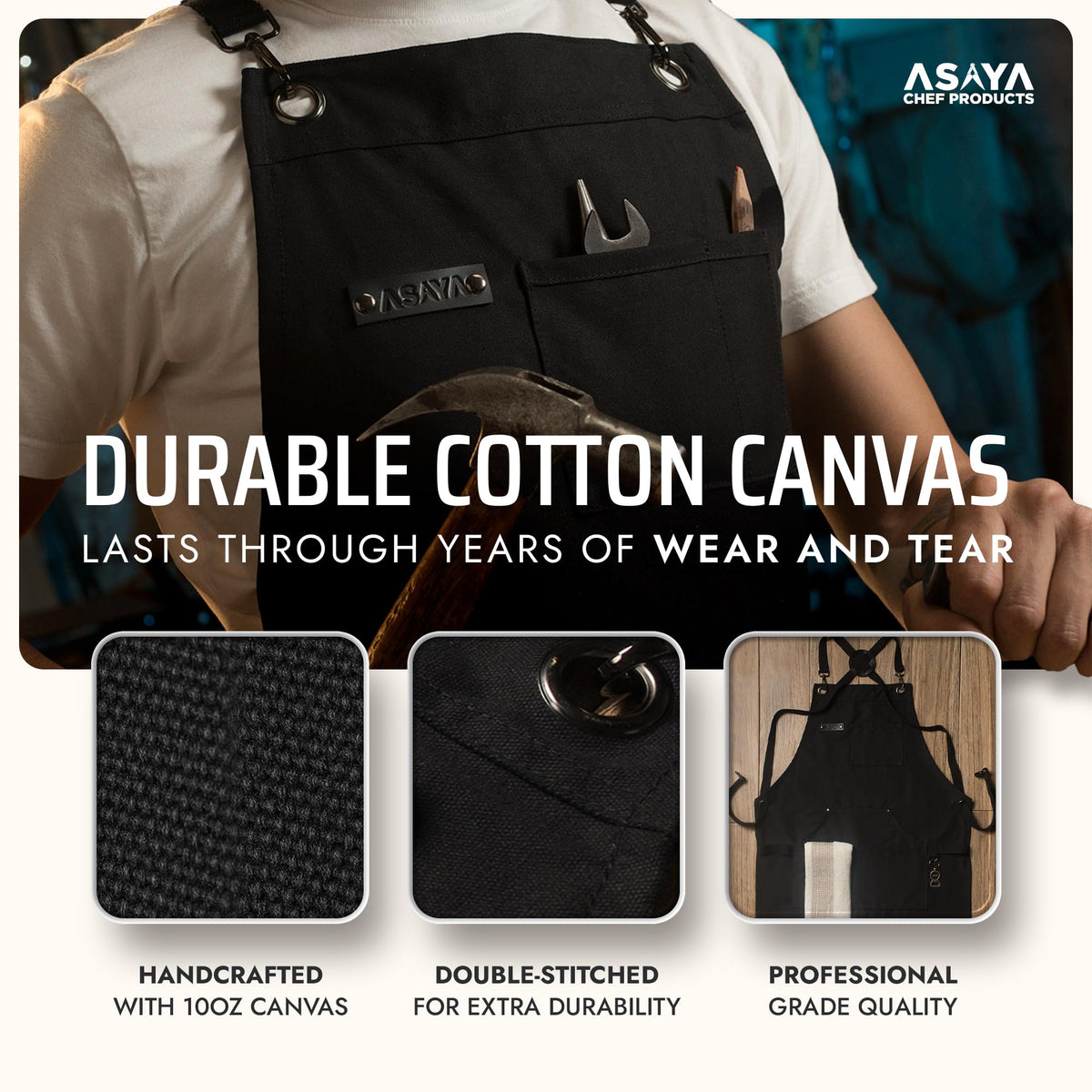 Asaya apron pockets close-up highlighting tool and phone storage for quick access