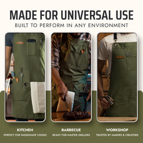 Asaya apron measures 27x34 inches for roomy coverage during grilling