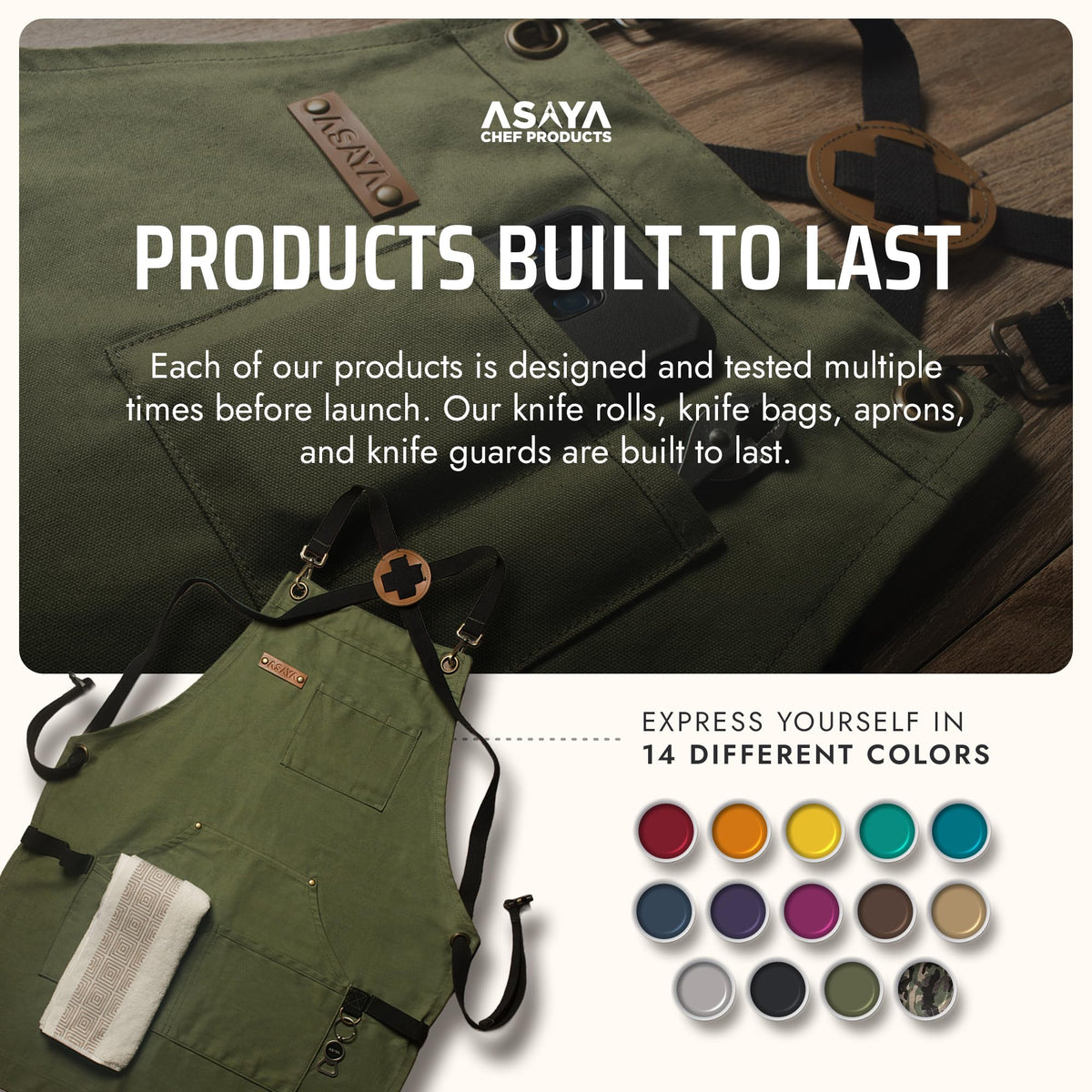 Asaya apron with stainless hardware and leather accents for rugged style