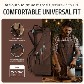 Asaya apron with stainless hardware and leather accents for durability and style
