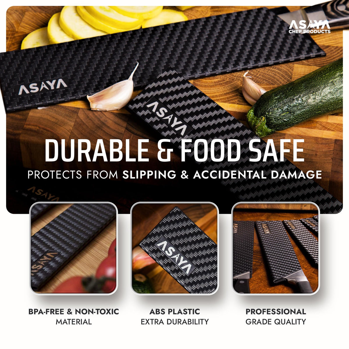 Asaya BPA-free ABS knife covers with soft felt lining for blade safety.
