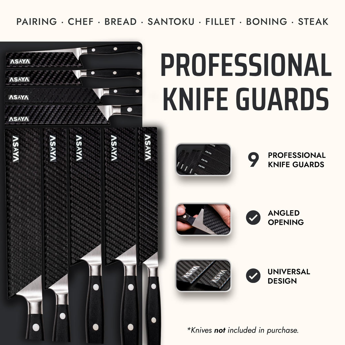 Asaya BPA-free ABS plastic covers keep knives safe and food-contact friendly.