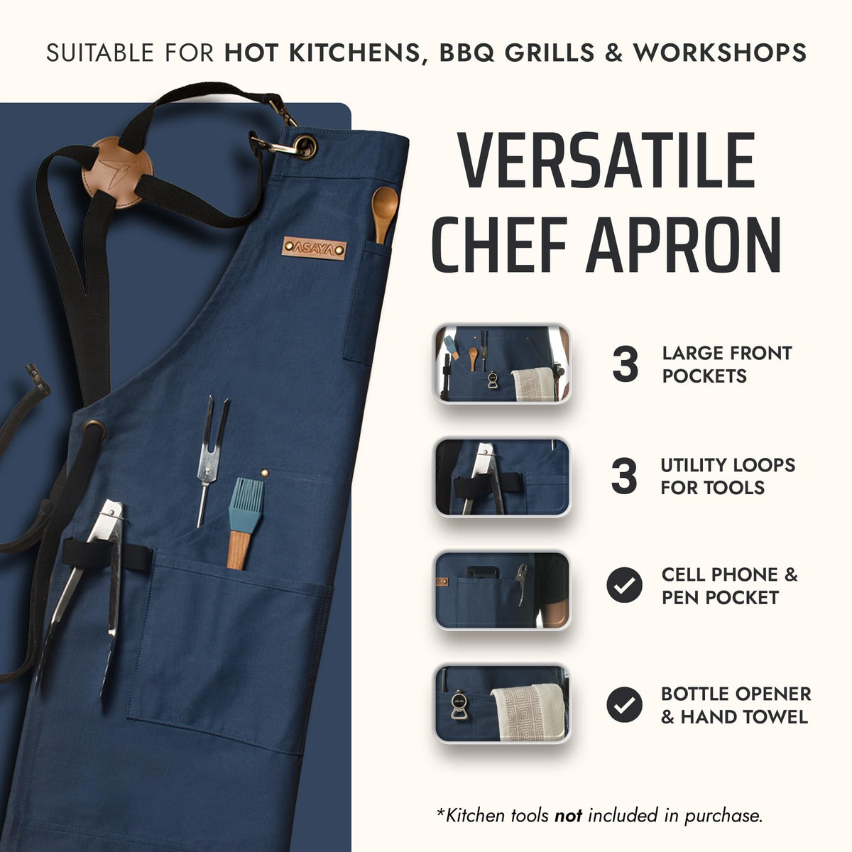 Asaya Apron pockets with cellphone holder keep tools accessible while you cook