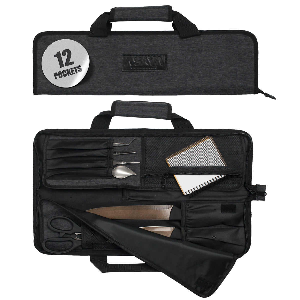 Asaya chef knife roll bag with 12-pocket layout for organized on-the-go knife transport.