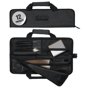 Asaya chef knife roll bag with 12-pocket layout for organized on-the-go knife transport.
