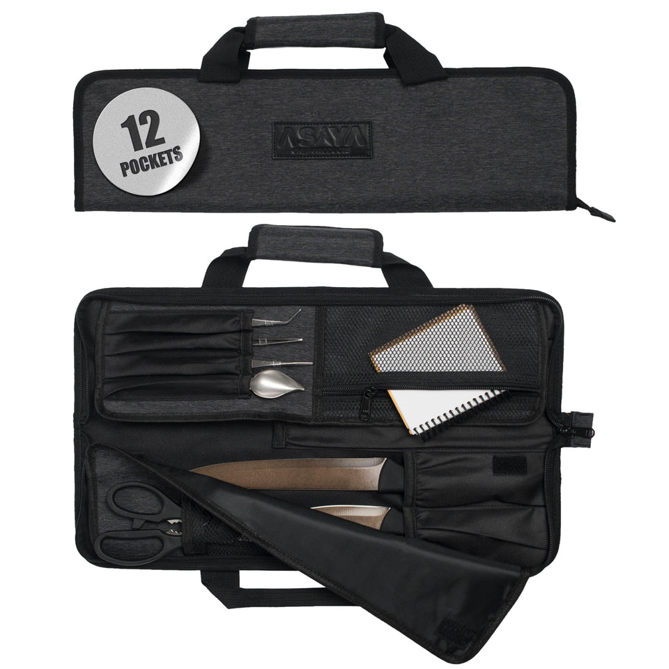 Asaya chef knife roll bag with 12-pocket layout for organized on-the-go knife transport.