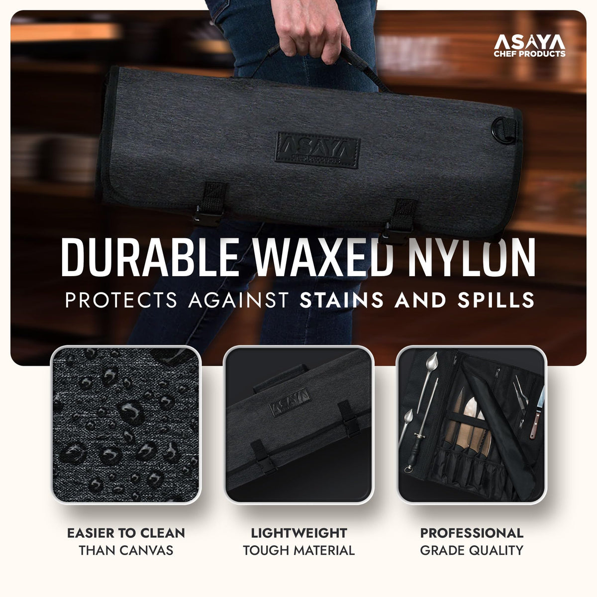 Asaya chef knife roll features an adjustable shoulder strap for easy carrying.