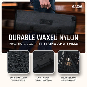 Asaya chef knife roll features an adjustable shoulder strap for easy carrying.