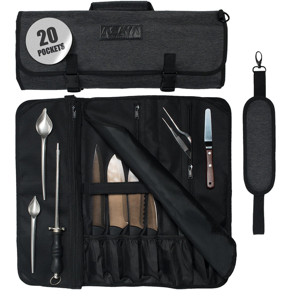 Asaya waxed nylon knife roll with a 20-slot layout for organized transport.