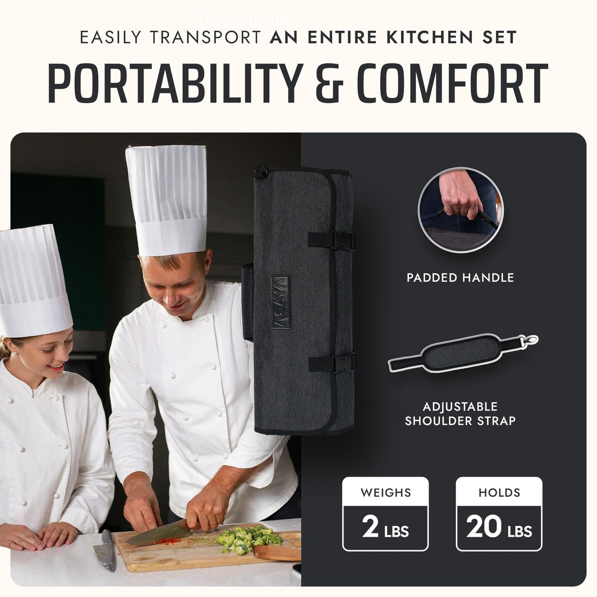 Asaya closed knife roll showing compact 6-inch width for tight spaces.
