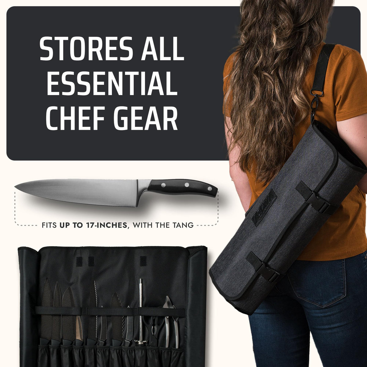 Asaya open knife roll displaying 20-inch capacity for longer knives.