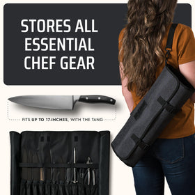 Asaya open knife roll displaying 20-inch capacity for longer knives.