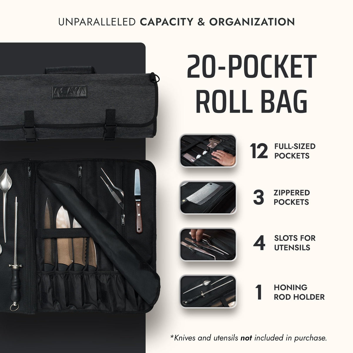 Asaya knife roll showing zippered pockets for utensils and tools.