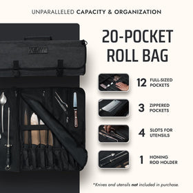 Asaya knife roll showing zippered pockets for utensils and tools.