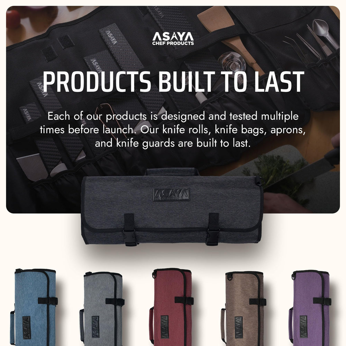 Asaya waxed nylon knife roll carried easily for on-the-go cooking.