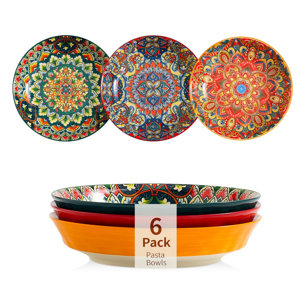 ASBEFORE ceramic pasta bowls with Bohemian patterns for colorful family meals