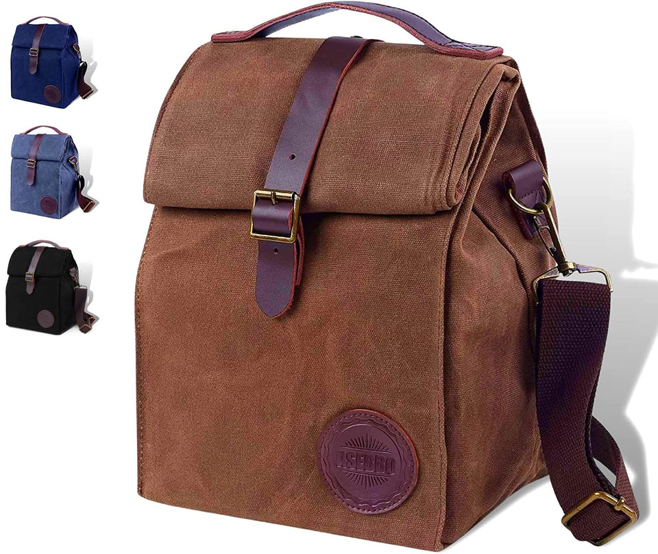 ASEBBO insulated lunch bag 10L in brown with waxed canvas, ideal for daily work lunches.