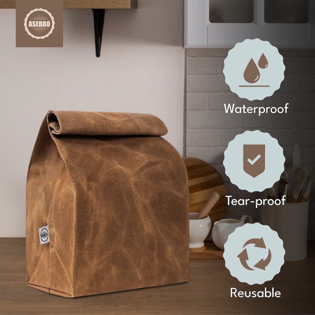 ASEBBO waxed canvas lunch bag with shoulder strap, hands-free transport.
