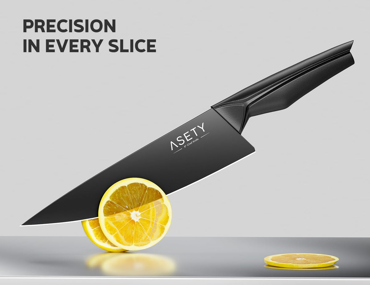 ASETY 8 inch chef knife with stainless steel blade for precise slicing.