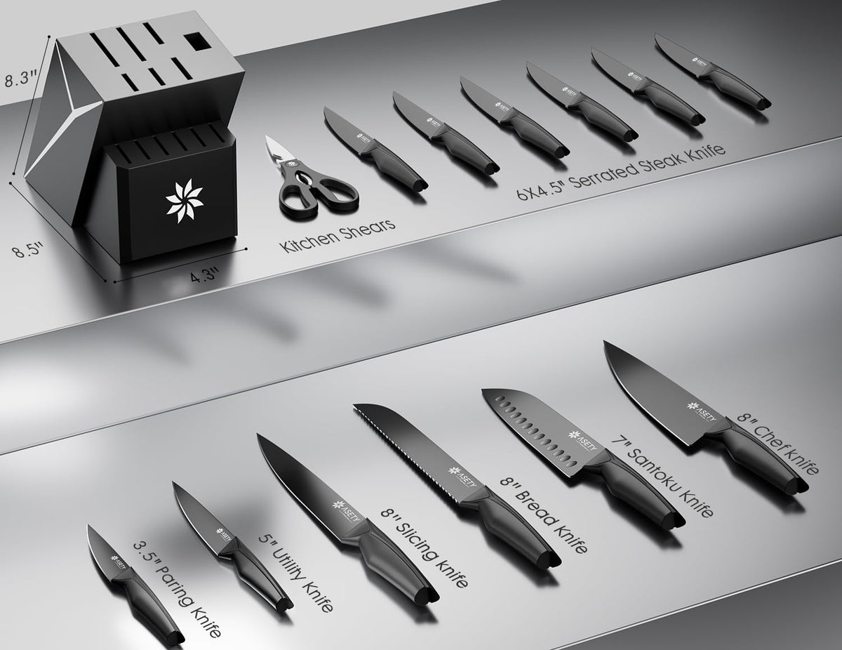 ASETY black design knife set with Y shaped accents for a modern kitchen display.
