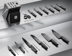 ASETY black design knife set with Y shaped accents for a modern kitchen display.