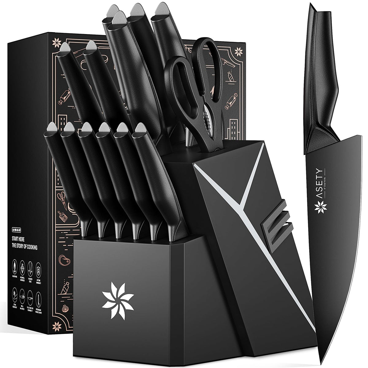 ASETY 15-piece knife set in black block with built-in sharpener, easy maintenance.