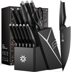 ASETY 15-piece knife set in black block with built-in sharpener, easy maintenance.