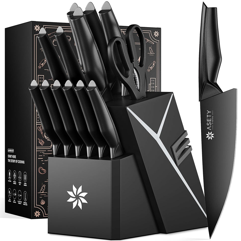ASETY 15-piece knife set in black block with built-in sharpener, easy maintenance.