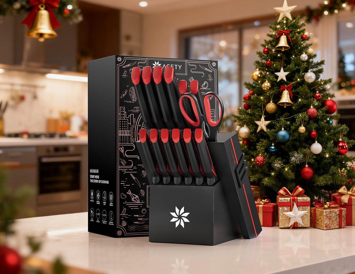 ASETY knife block with red and black accents on a modern counter