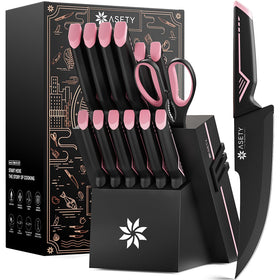 ASETY 15-piece knife set with pink handles on a stylish block for organized prep