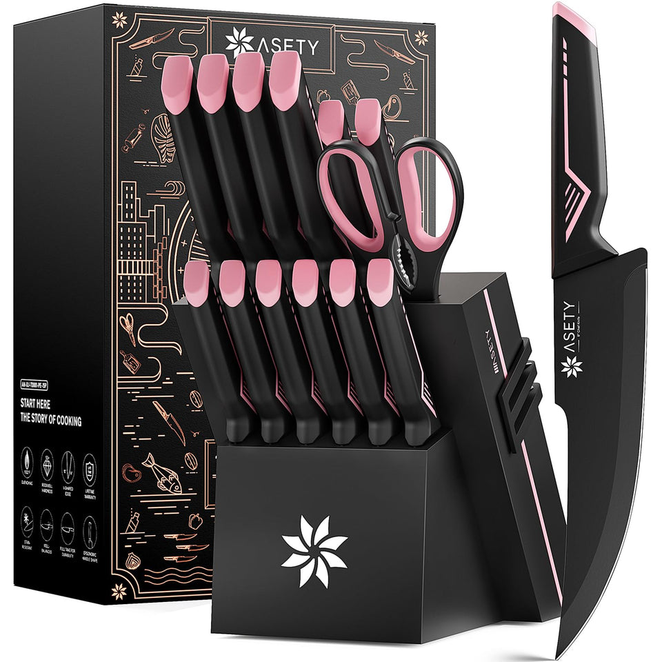 ASETY 15-piece knife set with pink handles on a stylish block for organized prep