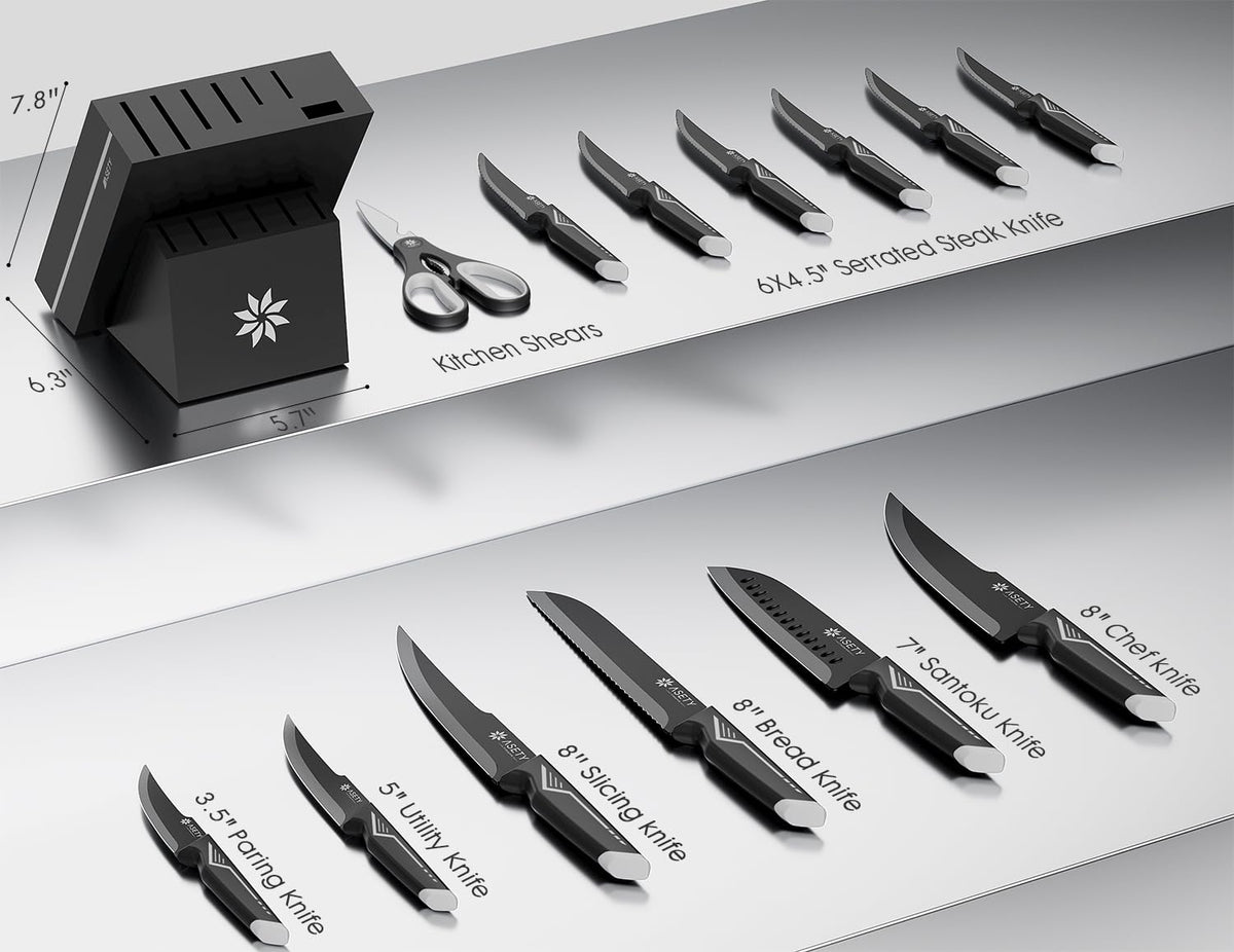 ASETY knife set with black blades and white handles for modern style