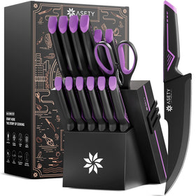 ASETY knife set with built-in sharpener block, 15-piece layout for organized prep.