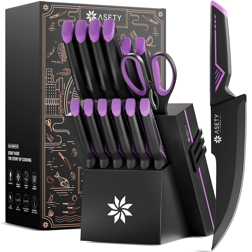 ASETY knife set with built-in sharpener block, 15-piece layout for organized prep.