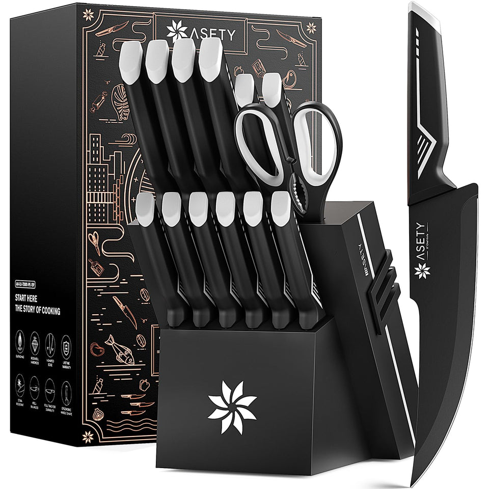 ASETY 15pc chef knife with block for precise prep