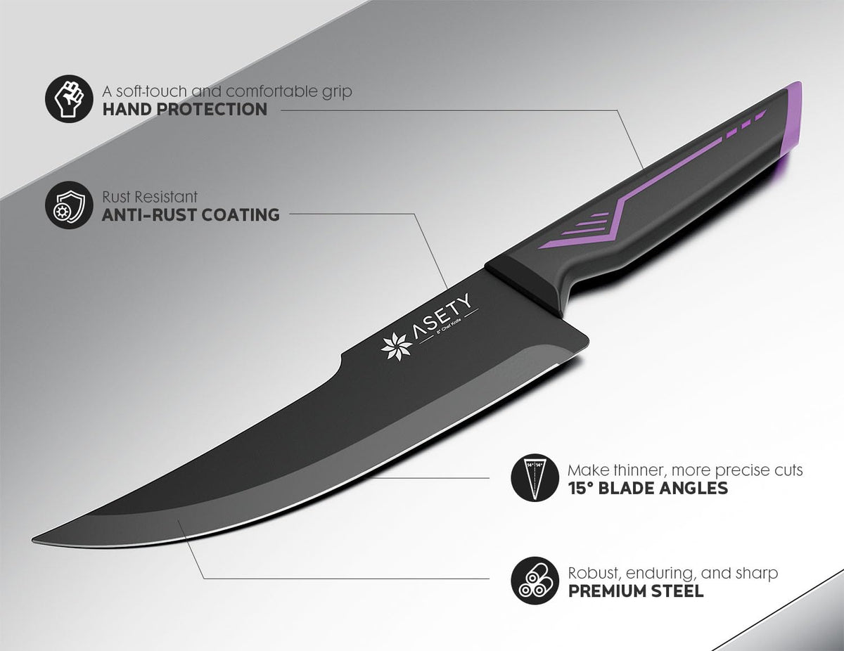ASETY gift-ready knife set in black purple box design.