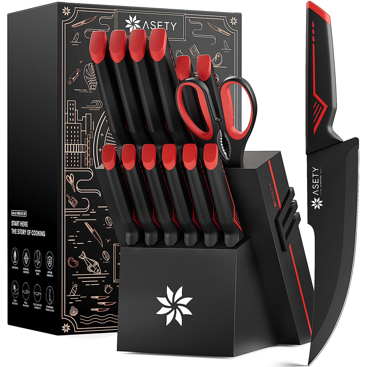 ASETY knife set with block on counter for easy access and organized storage