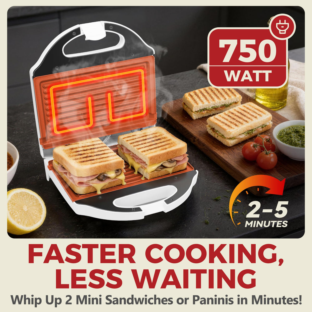 AshGlen dual-surface open view highlights even heating for two sandwiches