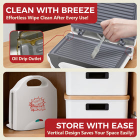 Indicator lights and locking latch on AshGlen panini press for clear status and storage