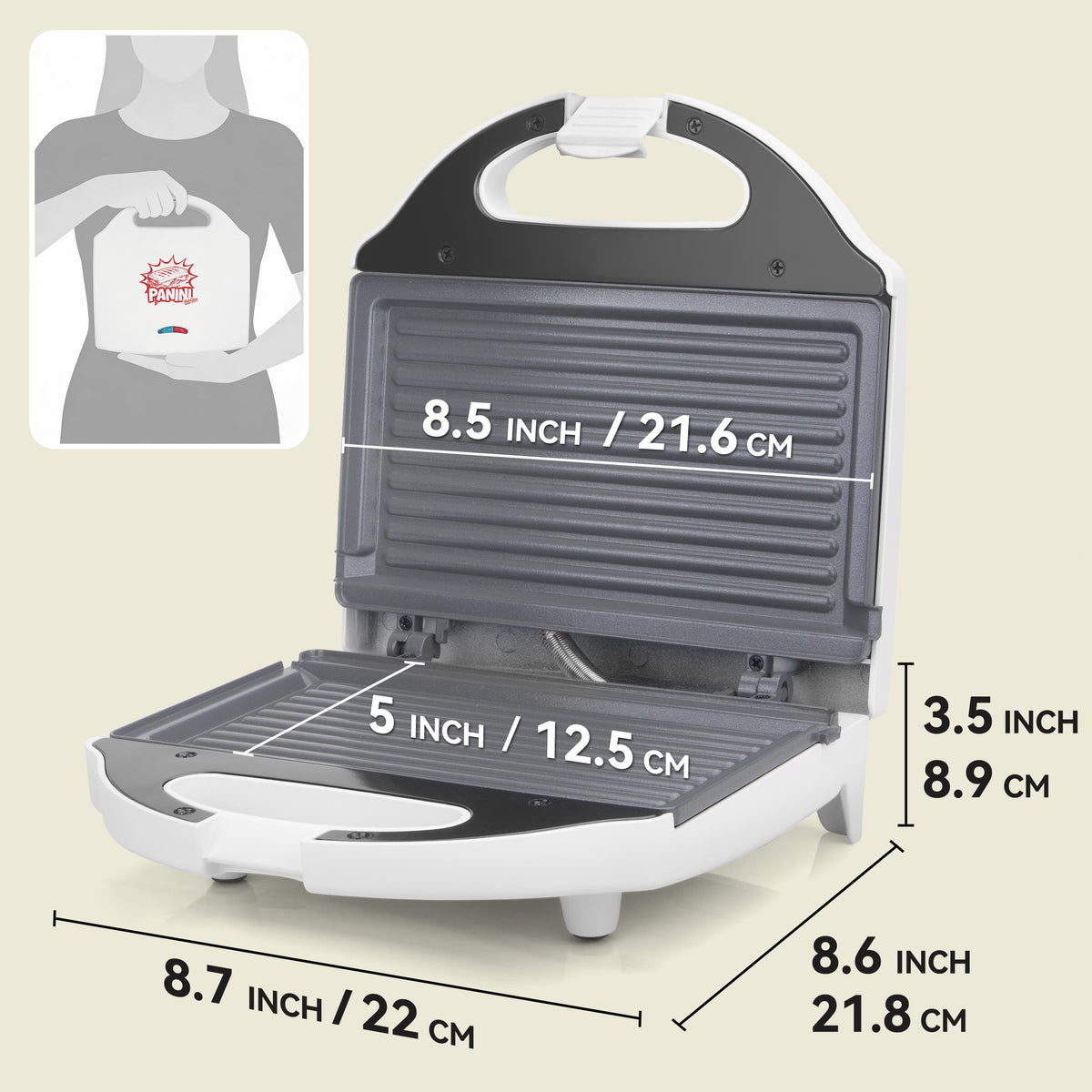 Upright storage of AshGlen panini press saves counter space