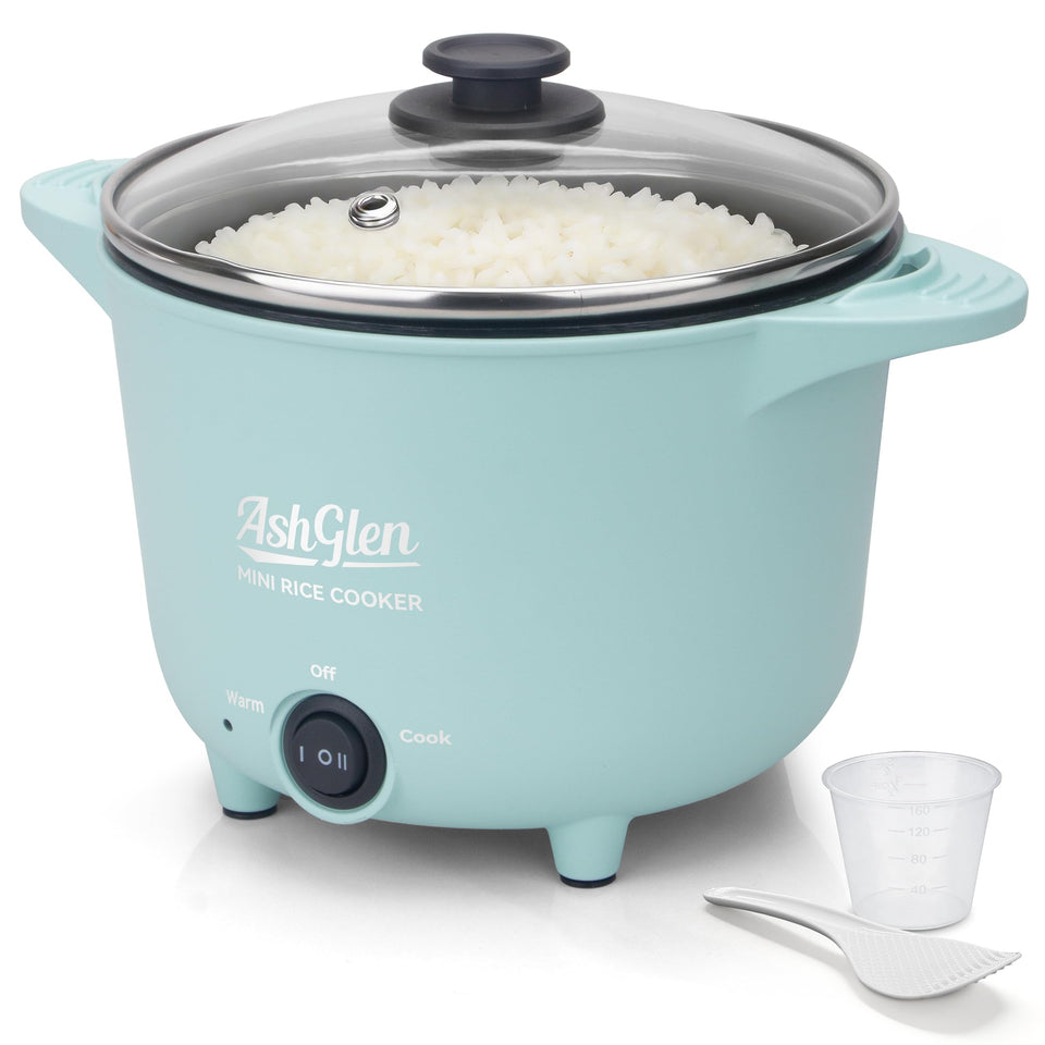 AshGlen small rice cooker, four-cup capacity, compact for solo meals and quick, even cooking.