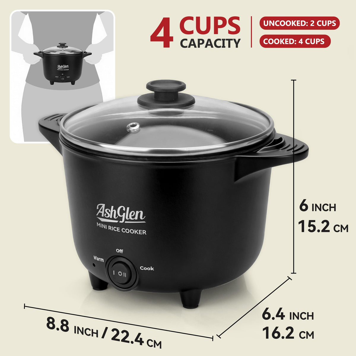 AshGlen 2-cup uncooked to 4-cup cooked capacity in use.