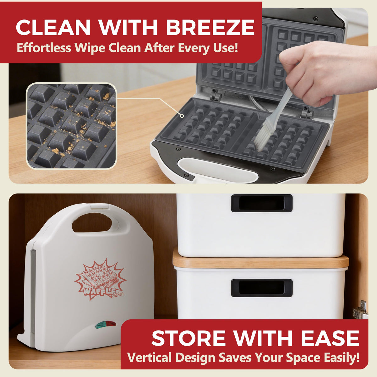 AshGlen white mini waffle maker complements modern kitchens.