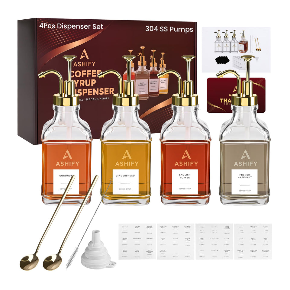 ASHIFY coffee syrup dispenser glass bottles for organized home bar