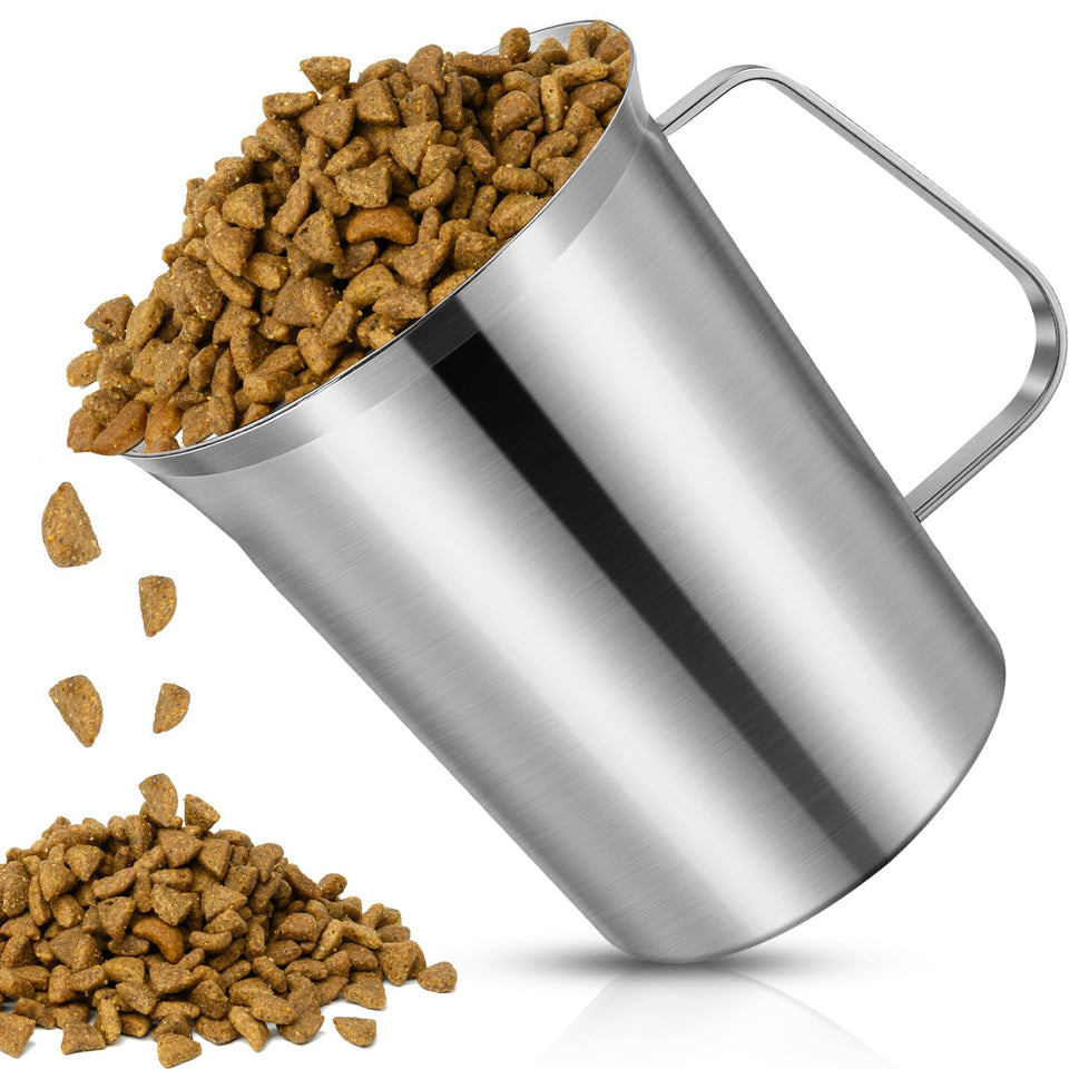 Ashmacdo 2 cup dog food scoop with engraved ounces and liters for precise portions.