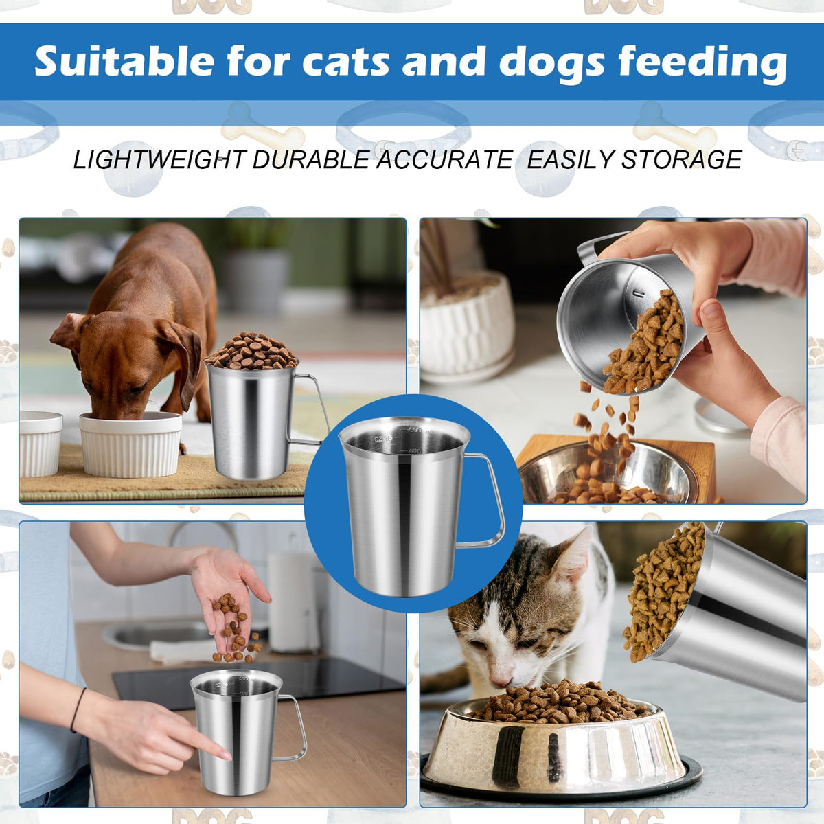 Ashmacdo 2 cup measuring cup fits dog, cat, or bird food tasks.