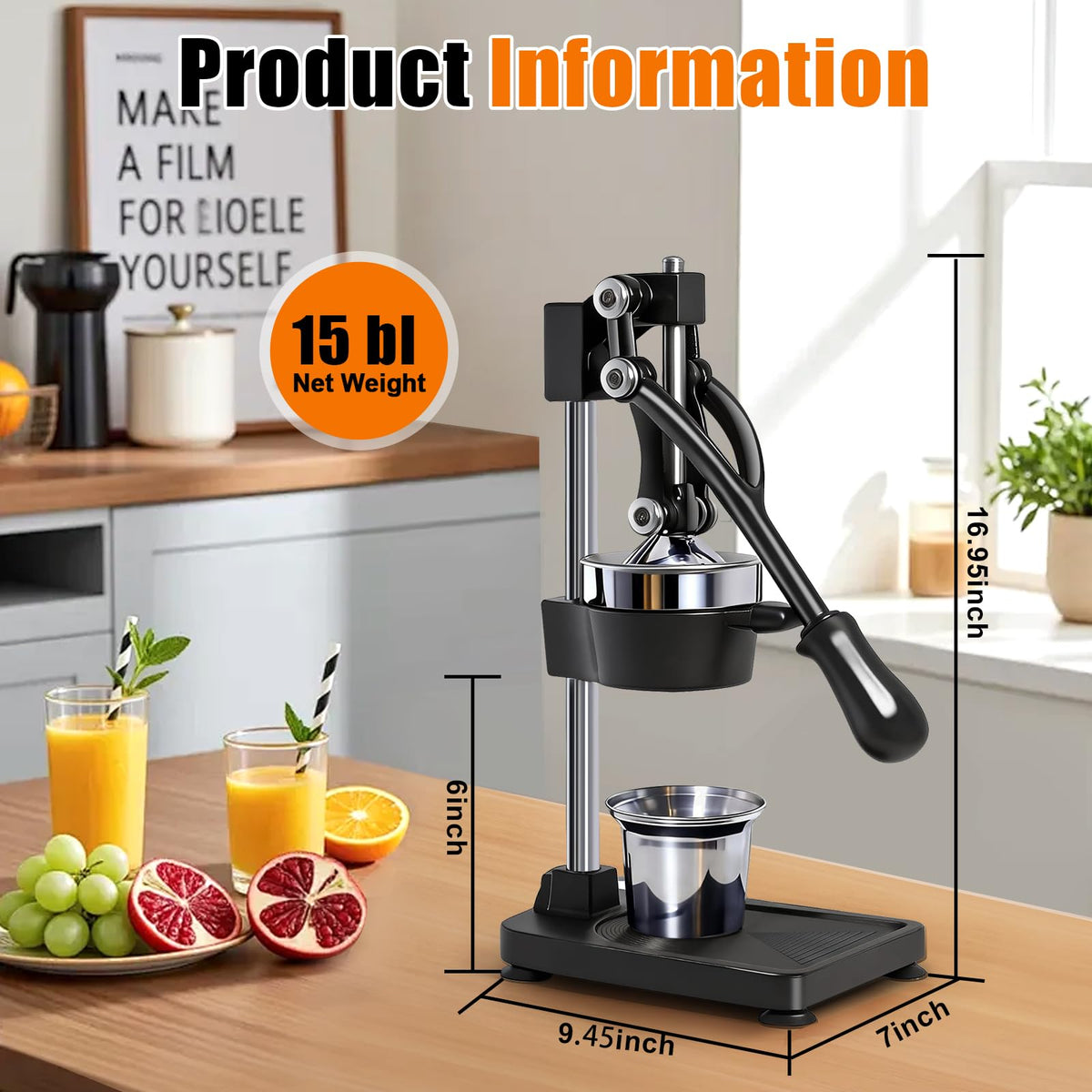 ASIALEO juicer lever-action in use for quick, fresh juice