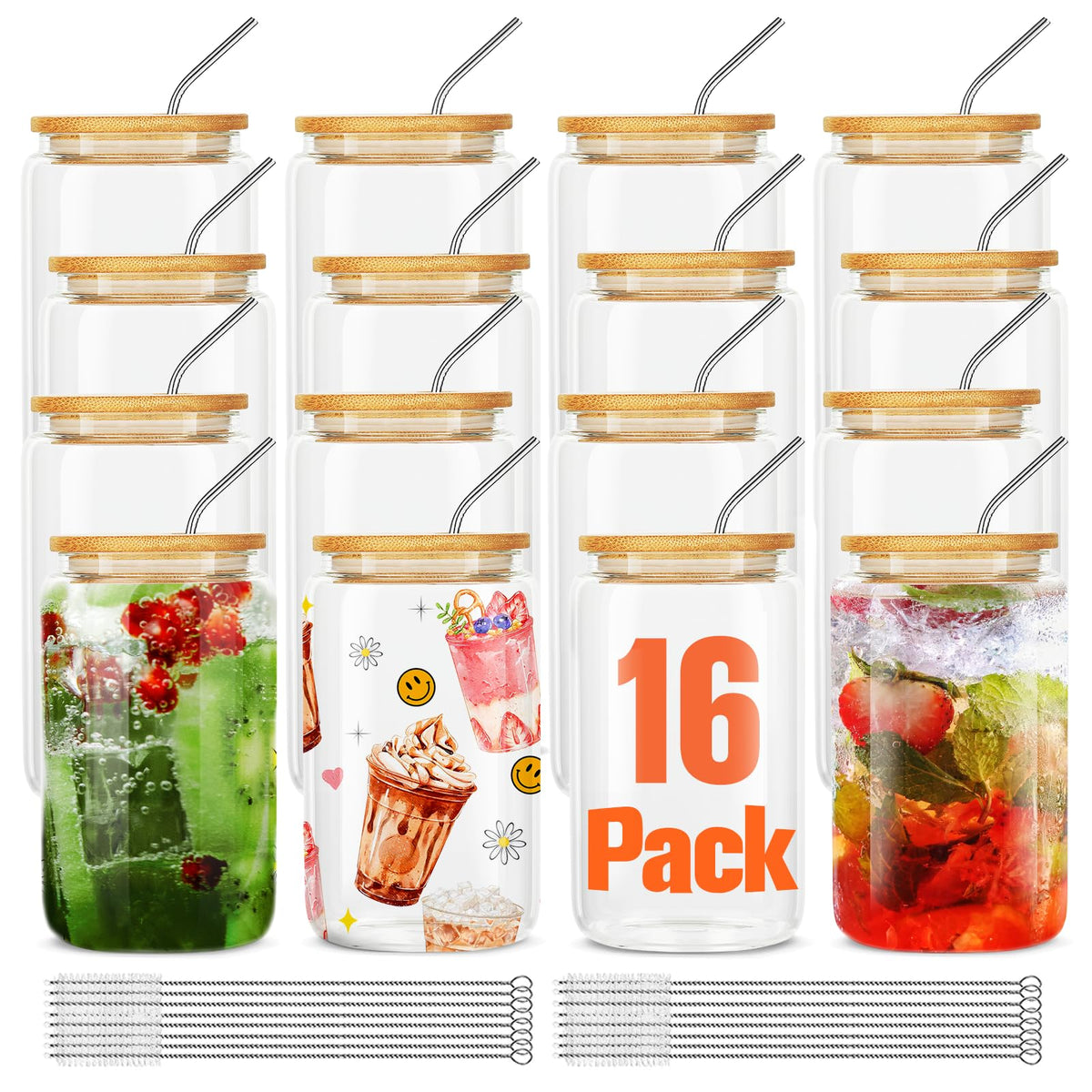 ASKIZ 16pc glass cups with bamboo lids and straws for stylish serving at home