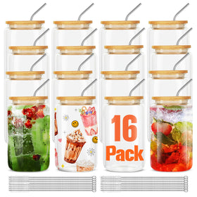 ASKIZ 16pc glass cups with bamboo lids and straws for stylish serving at home
