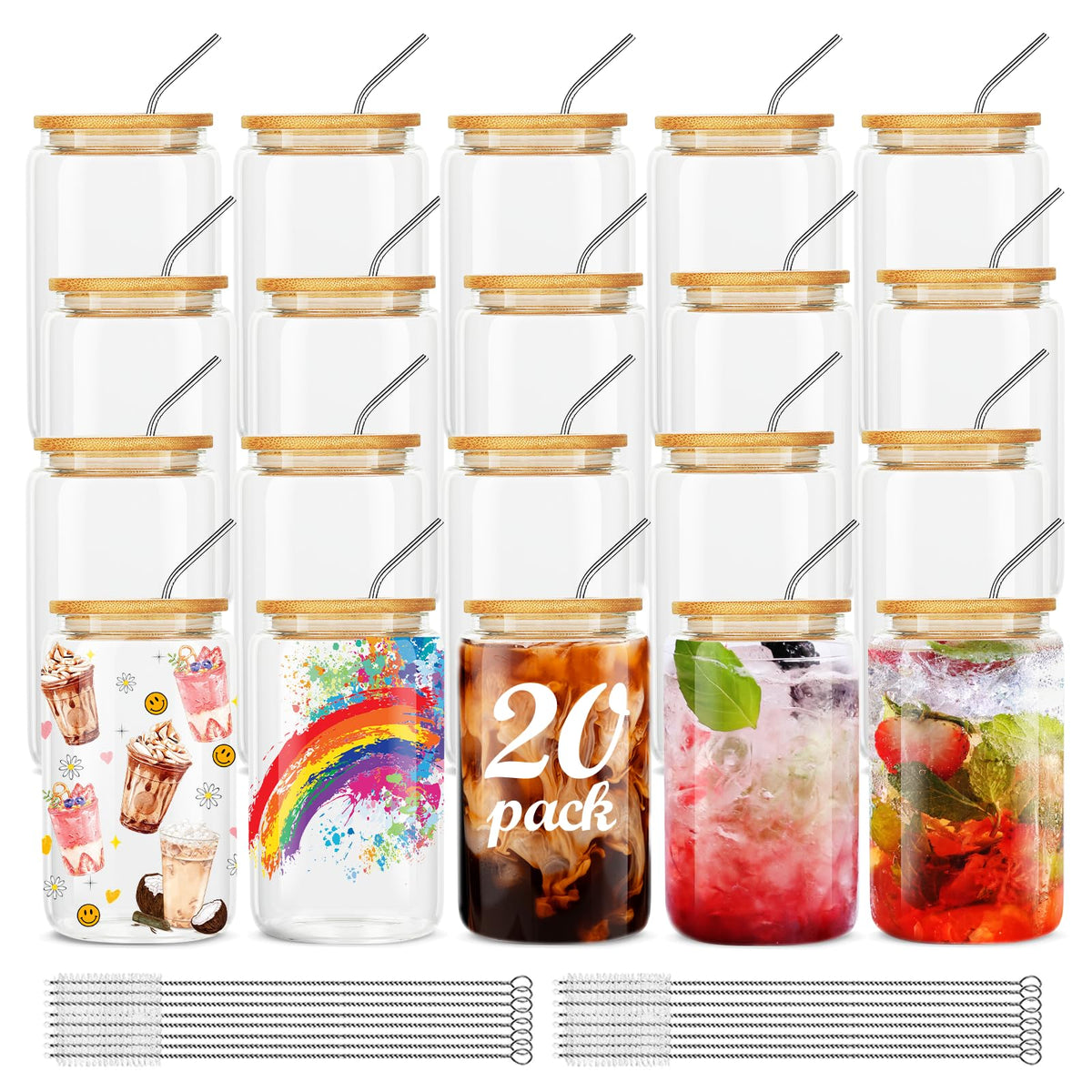 ASKIZ 16oz glass cup with bamboo lid and straw for cold drinks.
